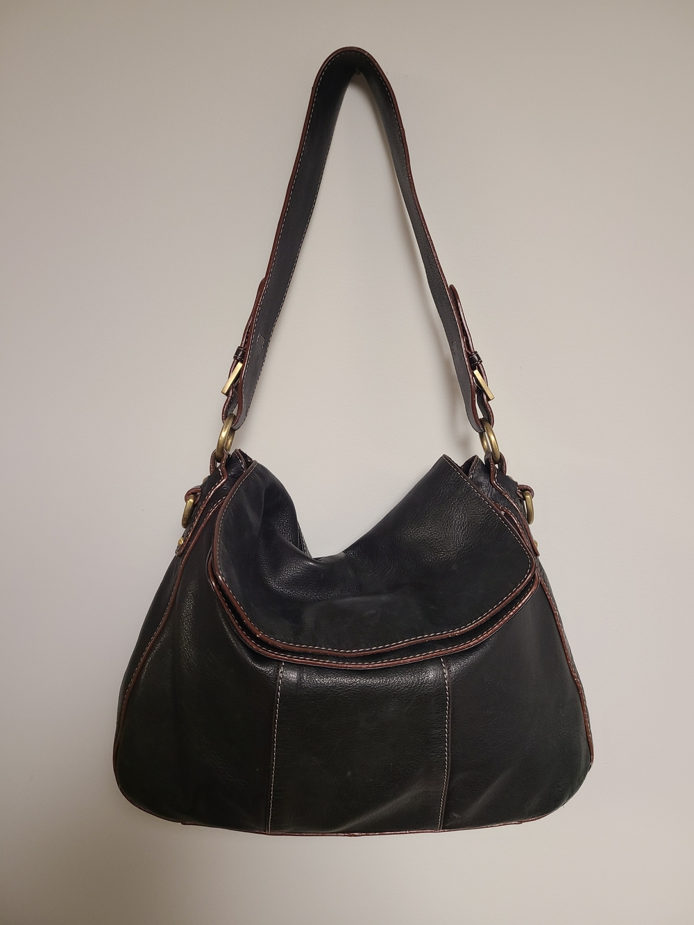 Etienne Aigner Hobo Y2K Black Leather Shoulder Bag with Brown Trim